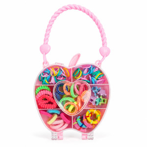 Intelligent pink apple-shaped storage box filled with assorted colorful hair ties, clips, and rubber bands – RGB (21 X 12 CM)