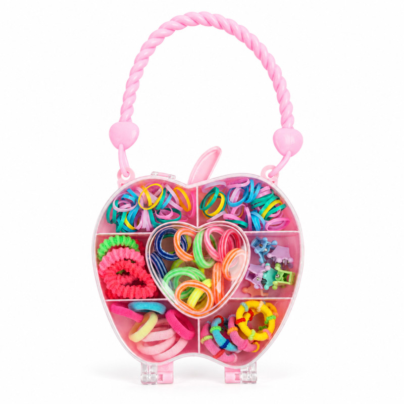 Intelligent pink apple-shaped storage box filled with assorted colorful hair ties, clips, and rubber bands – RGB (21 X 12 CM)