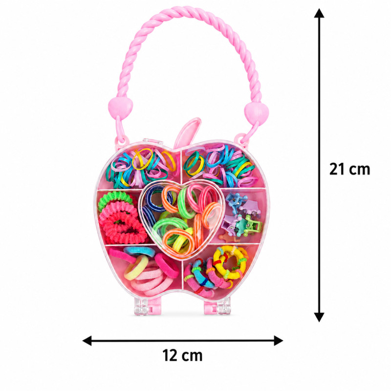 Intelligent pink apple-shaped storage box filled with assorted colorful hair ties, clips, and rubber bands – RGB (21 X 12 CM)