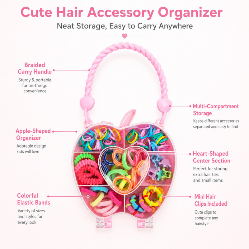 Intelligent pink apple-shaped storage box filled with assorted colorful hair ties, clips, and rubber bands – RGB (21 X 12 CM)