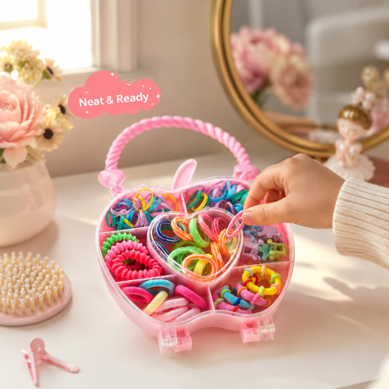 Intelligent pink apple-shaped storage box filled with assorted colorful hair ties, clips, and rubber bands – RGB (21 X 12 CM)