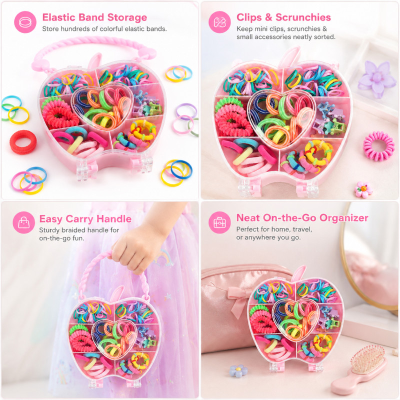 Intelligent pink apple-shaped storage box filled with assorted colorful hair ties, clips, and rubber bands – RGB (21 X 12 CM)