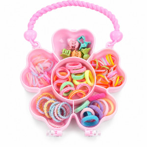 Seamless Miniso colorful kids' hair accessories set featuring clips and elastics in a flower-shaped box – RGB (19.5 x 13 CM)