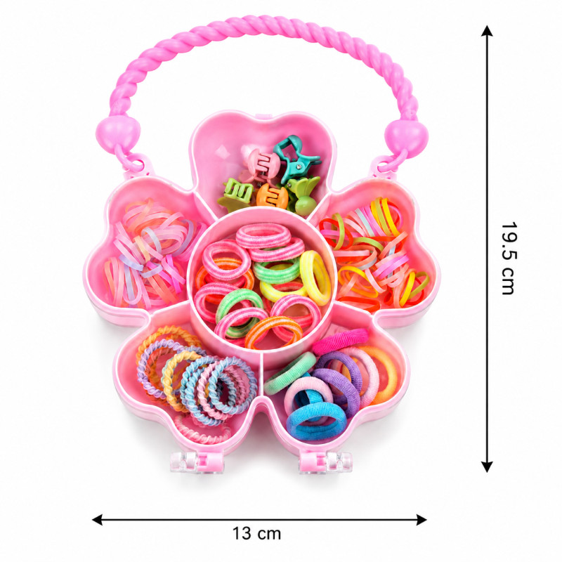 Seamless Miniso colorful kids' hair accessories set featuring clips and elastics in a flower-shaped box – RGB (19.5 x 13 CM)