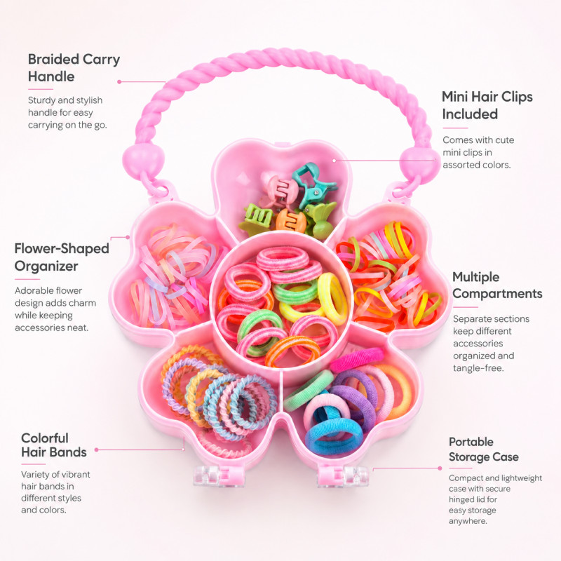 Seamless Miniso colorful kids' hair accessories set featuring clips and elastics in a flower-shaped box – RGB (19.5 x 13 CM)