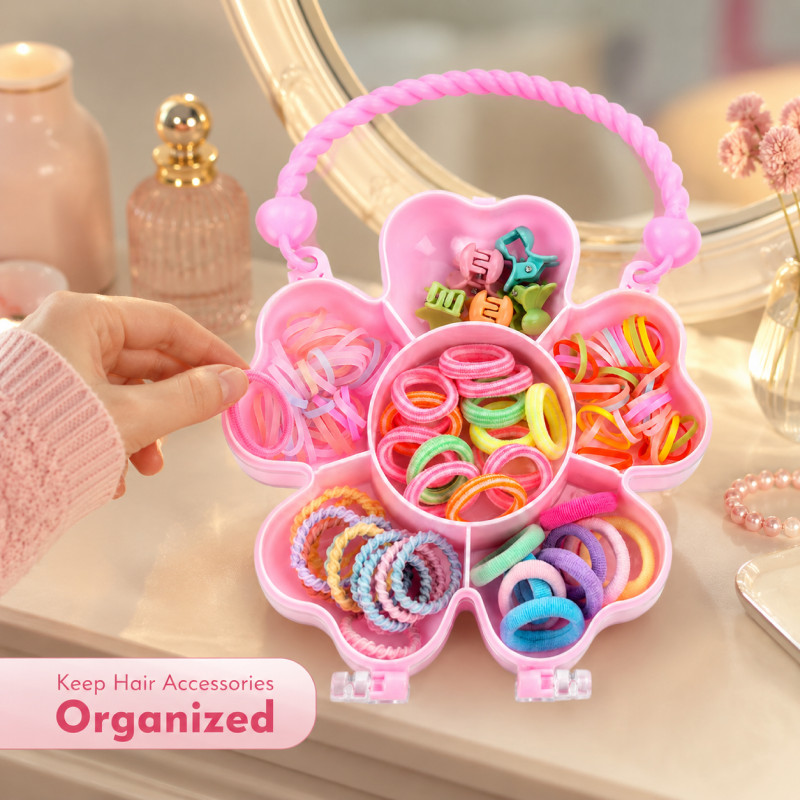 Seamless Miniso colorful kids' hair accessories set featuring clips and elastics in a flower-shaped box – RGB (19.5 x 13 CM)