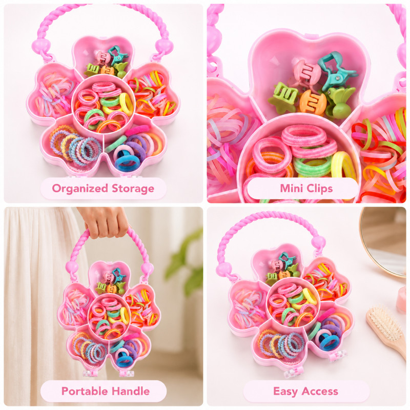 Seamless Miniso colorful kids' hair accessories set featuring clips and elastics in a flower-shaped box – RGB (19.5 x 13 CM)