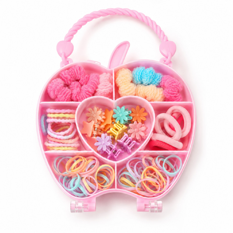 Empowering apple-shaped children's hair accessory storage box filled with assorted clips and bands – RGB (20 x 11.5 CM)