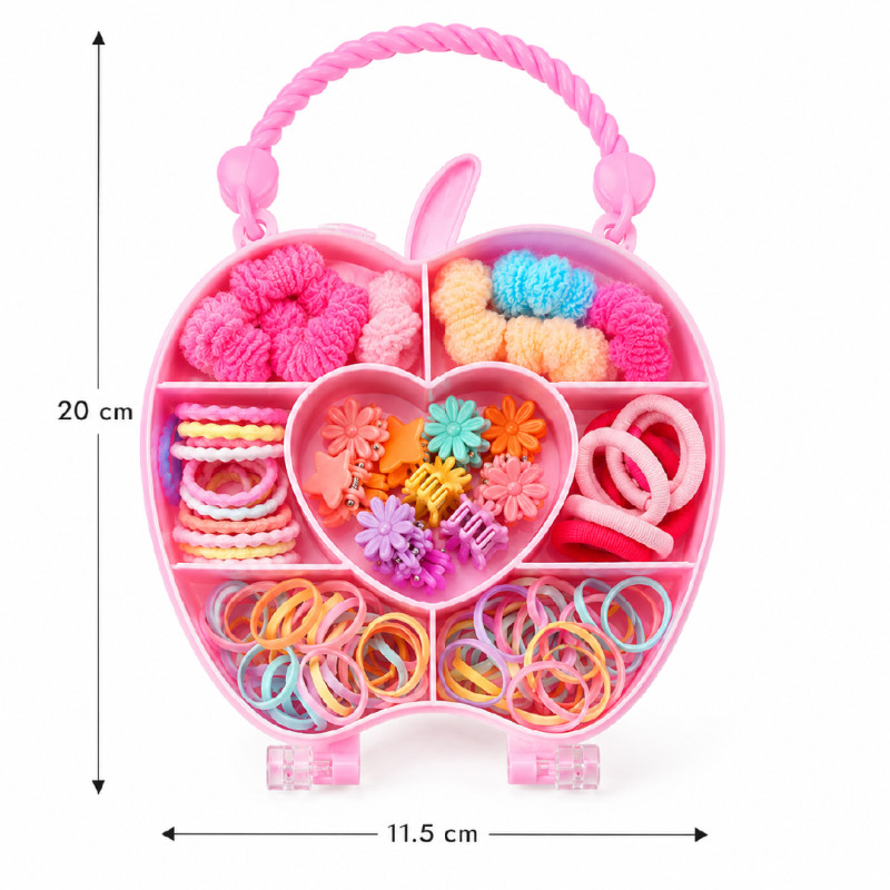 Empowering apple-shaped children's hair accessory storage box filled with assorted clips and bands – RGB (20 x 11.5 CM)