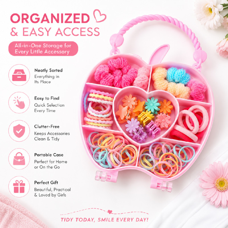 Empowering apple-shaped children's hair accessory storage box filled with assorted clips and bands – RGB (20 x 11.5 CM)