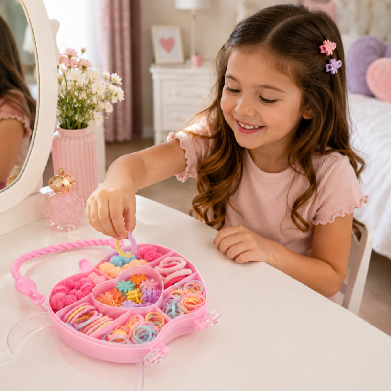 Empowering apple-shaped children's hair accessory storage box filled with assorted clips and bands – RGB (20 x 11.5 CM)