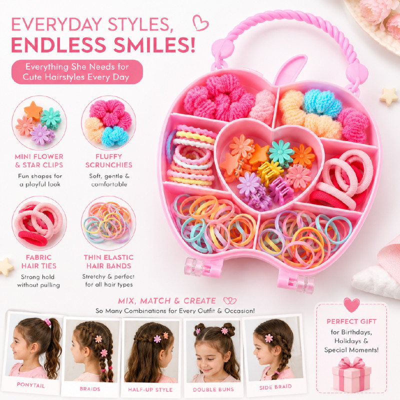 Empowering apple-shaped children's hair accessory storage box filled with assorted clips and bands – RGB (20 x 11.5 CM)