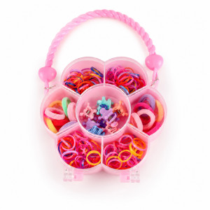 Aspirational Miniso colorful kids' hair accessories set with 32 pieces, featuring small clips and elastics stored in a pink flower-shaped box – RGB (17 x 11.5 cm)