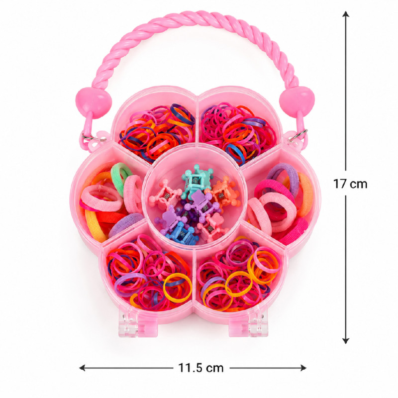 Aspirational Miniso colorful kids' hair accessories set with 32 pieces, featuring small clips and elastics stored in a pink flower-shaped box – RGB (17 x 11.5 cm)