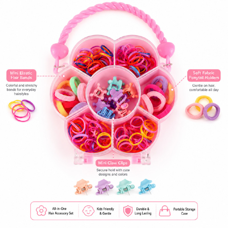 Aspirational Miniso colorful kids' hair accessories set with 32 pieces, featuring small clips and elastics stored in a pink flower-shaped box – RGB (17 x 11.5 cm)