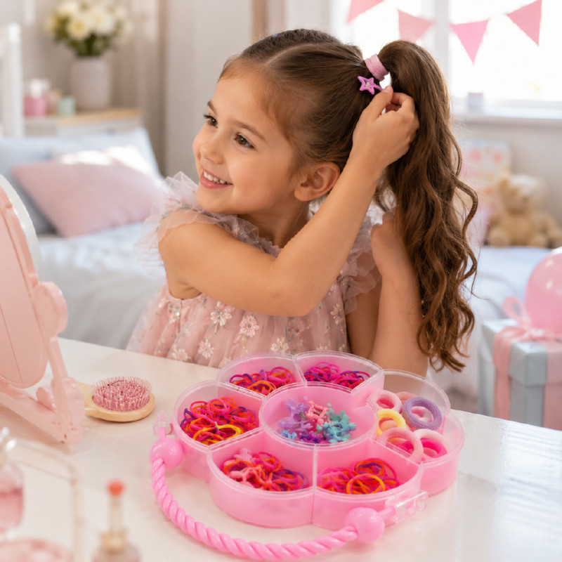 Aspirational Miniso colorful kids' hair accessories set with 32 pieces, featuring small clips and elastics stored in a pink flower-shaped box – RGB (17 x 11.5 cm)