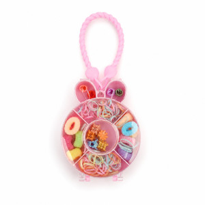 Nostalgic bunny-shaped kid's hair accessory storage box from Blingspot featuring colorful rubber bands, mini scrunchies, and flower clips – RGB (22 x 10 cm)