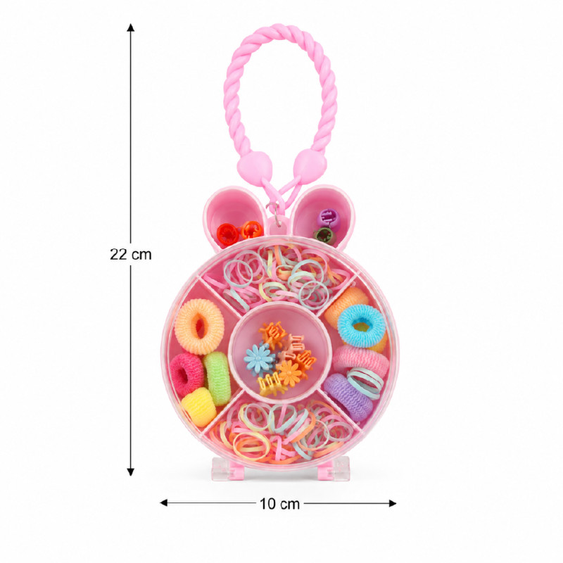Nostalgic bunny-shaped kid's hair accessory storage box from Blingspot featuring colorful rubber bands, mini scrunchies, and flower clips – RGB (22 x 10 cm)