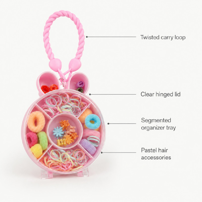 Nostalgic bunny-shaped kid's hair accessory storage box from Blingspot featuring colorful rubber bands, mini scrunchies, and flower clips – RGB (22 x 10 cm)
