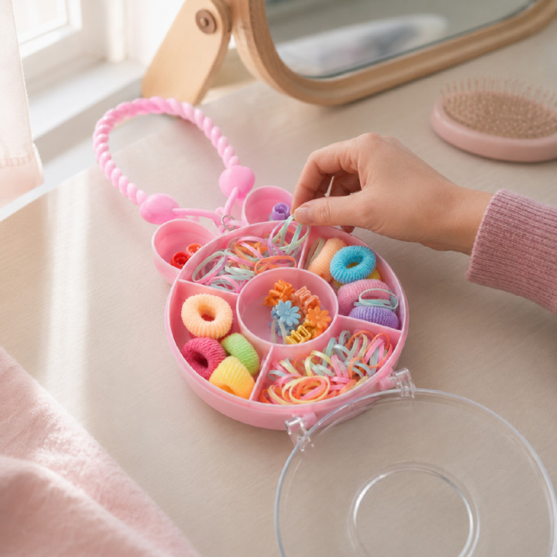 Nostalgic bunny-shaped kid's hair accessory storage box from Blingspot featuring colorful rubber bands, mini scrunchies, and flower clips – RGB (22 x 10 cm)