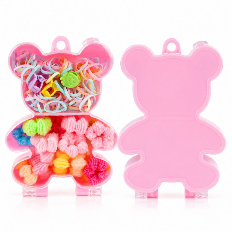 Professional Children’s Bear-Shaped Case with Hair Accessory Kit – Multicolor Mini Claw Clips, Bands & Ties (10cm)