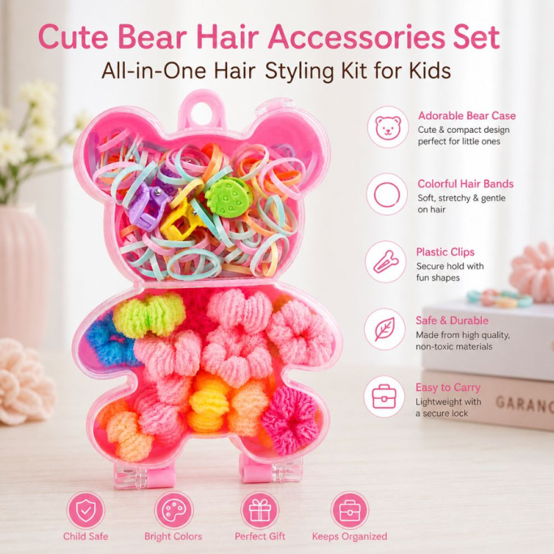 Professional Children’s Bear-Shaped Case with Hair Accessory Kit – Multicolor Mini Claw Clips, Bands & Ties (10cm)
