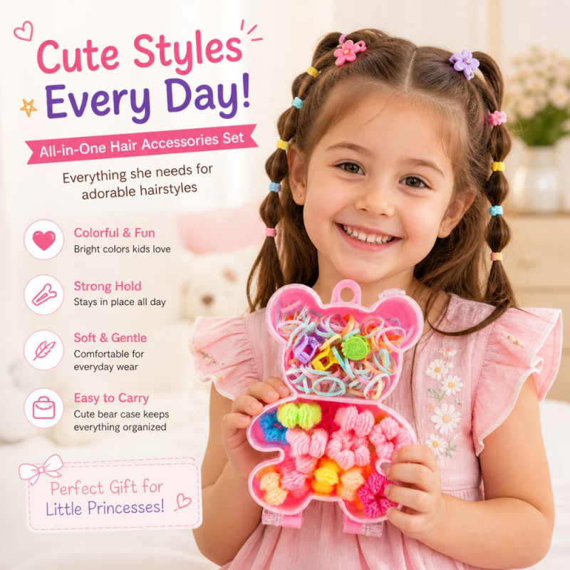 Professional Children’s Bear-Shaped Case with Hair Accessory Kit – Multicolor Mini Claw Clips, Bands & Ties (10cm)