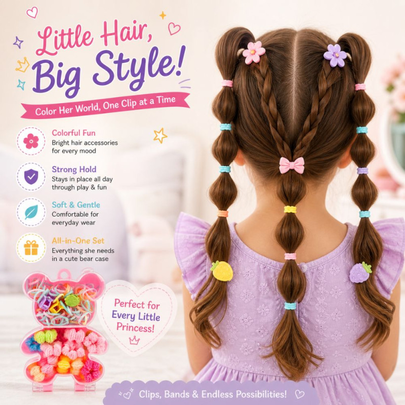 Professional Children’s Bear-Shaped Case with Hair Accessory Kit – Multicolor Mini Claw Clips, Bands & Ties (10cm)