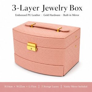 Professional Embossed PU Leather 3-Layer Jewelry Box – Light Pink (22cm)