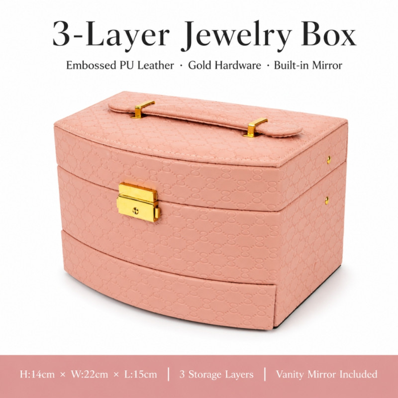 Professional Embossed PU Leather 3-Layer Jewelry Box – Light Pink (22cm)