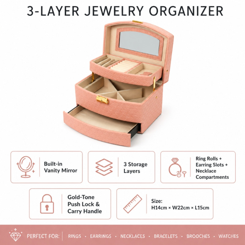 Professional Embossed PU Leather 3-Layer Jewelry Box – Light Pink (22cm)