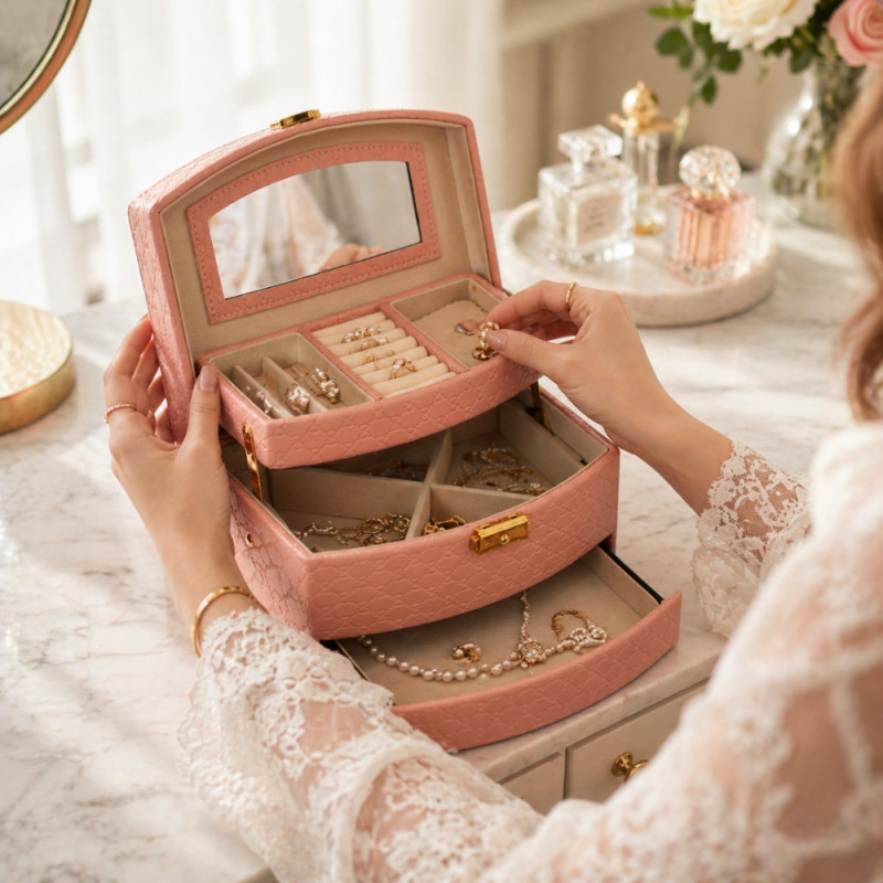Professional Embossed PU Leather 3-Layer Jewelry Box – Light Pink (22cm)