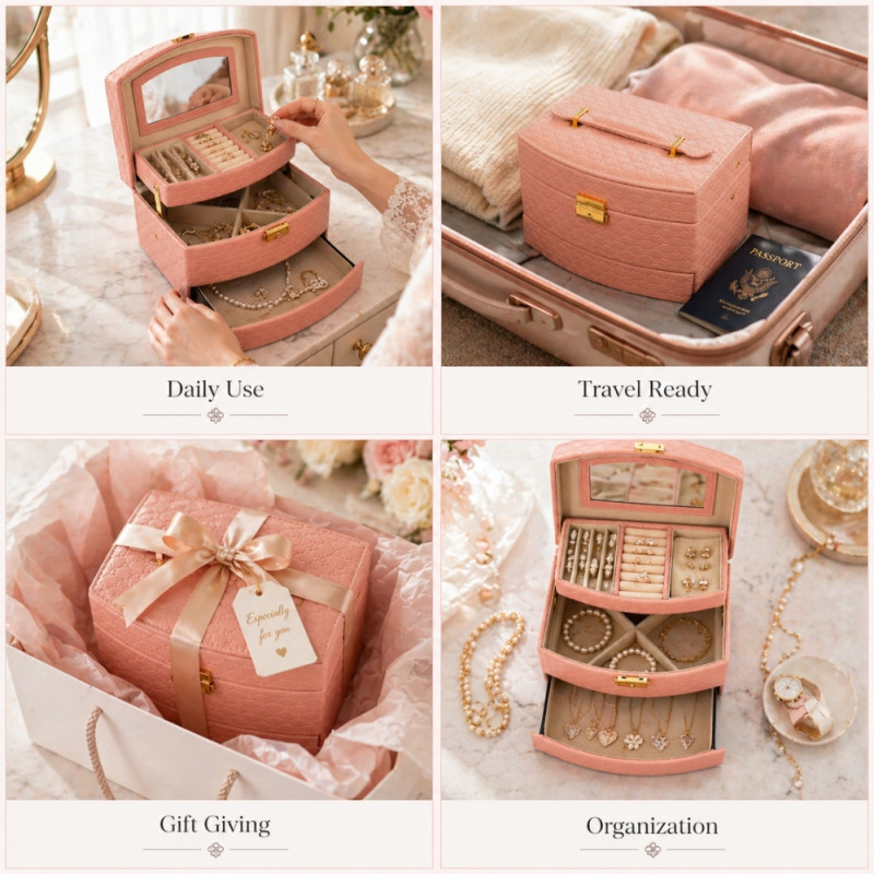 Professional Embossed PU Leather 3-Layer Jewelry Box – Light Pink (22cm)