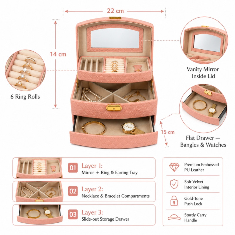 Professional Embossed PU Leather 3-Layer Jewelry Box – Light Pink (22cm)
