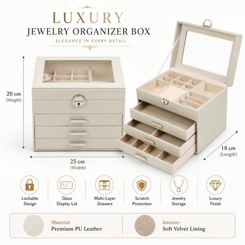 Bespoke luxury jewelry organizer for storing and displaying jewelry – Ivory (20 x 25 x 18cm)