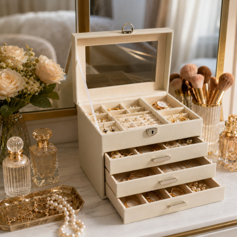 Bespoke luxury jewelry organizer for storing and displaying jewelry – Ivory (20 x 25 x 18cm)