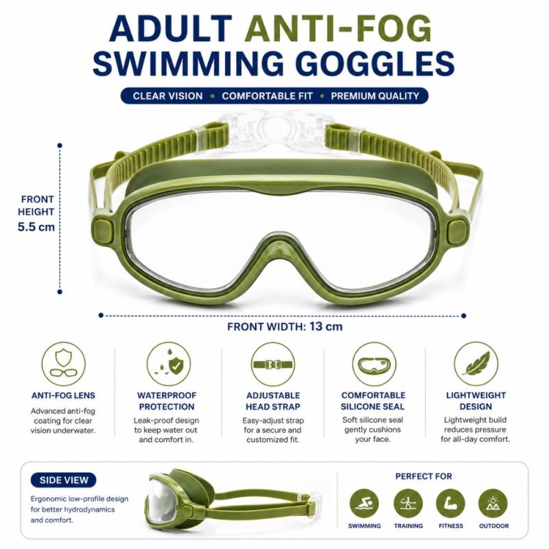 Sleek Swimming Goggles with Anti-Fog Lens and Adjustable Strap – Olive (19 x 5.5cm)