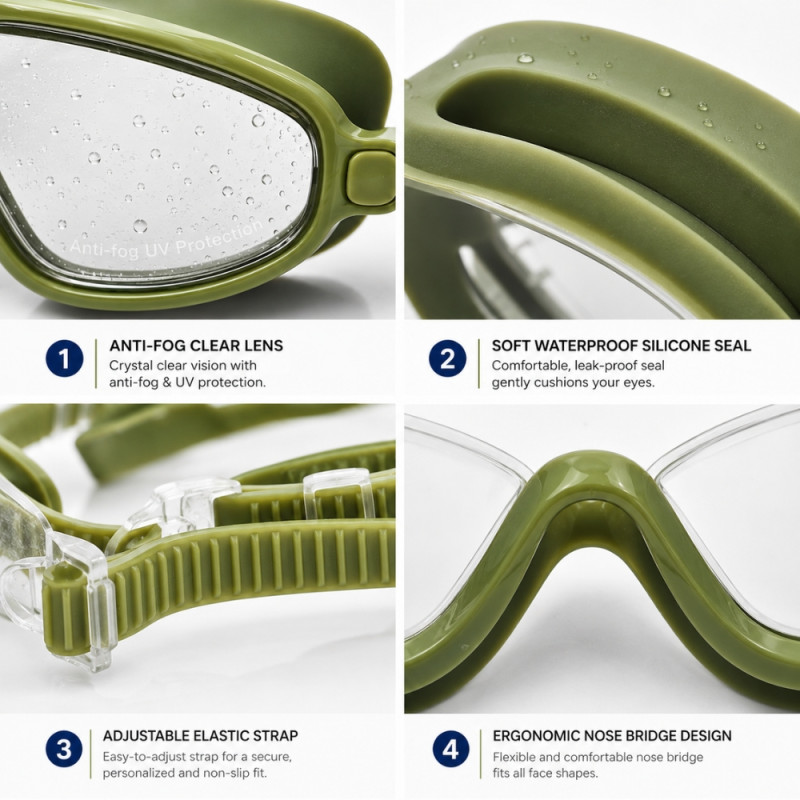 Sleek Swimming Goggles with Anti-Fog Lens and Adjustable Strap – Olive (19 x 5.5cm)