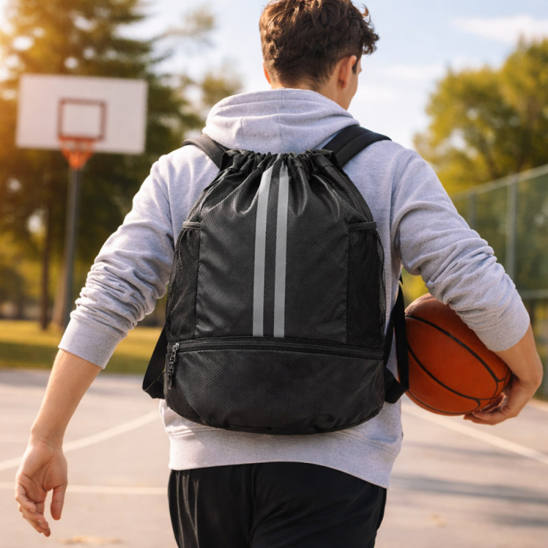 Reflective Stripe Lightweight Nylon Drawstring Backpack – 46cm