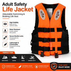 Bold High-Visibility Orange Adult Safety Life Jacket with Adjustable Buckles – Orange & Black (58 x 48cm)