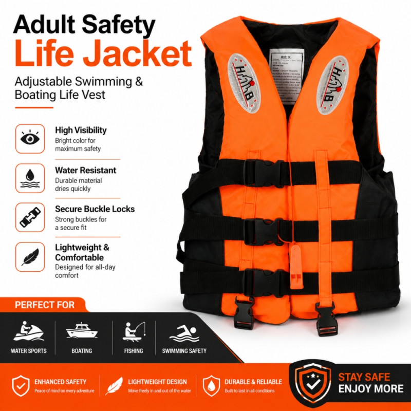 Bold High-Visibility Orange Adult Safety Life Jacket with Adjustable Buckles – Orange & Black (58 x 48cm)