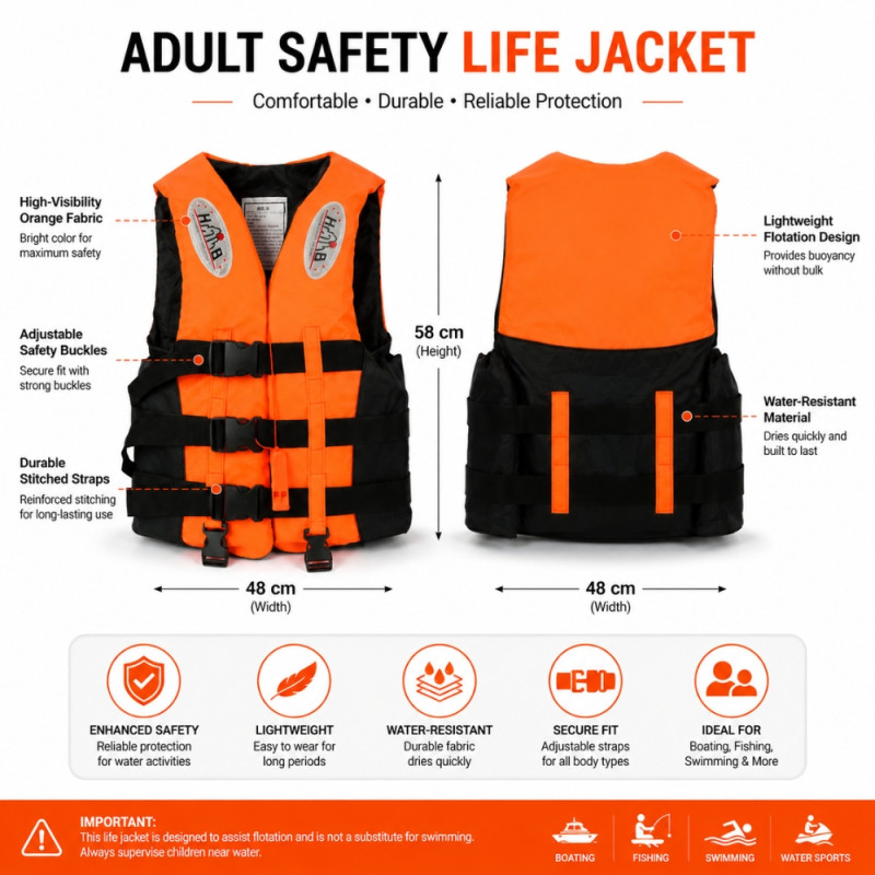 Bold High-Visibility Orange Adult Safety Life Jacket with Adjustable Buckles – Orange & Black (58 x 48cm)