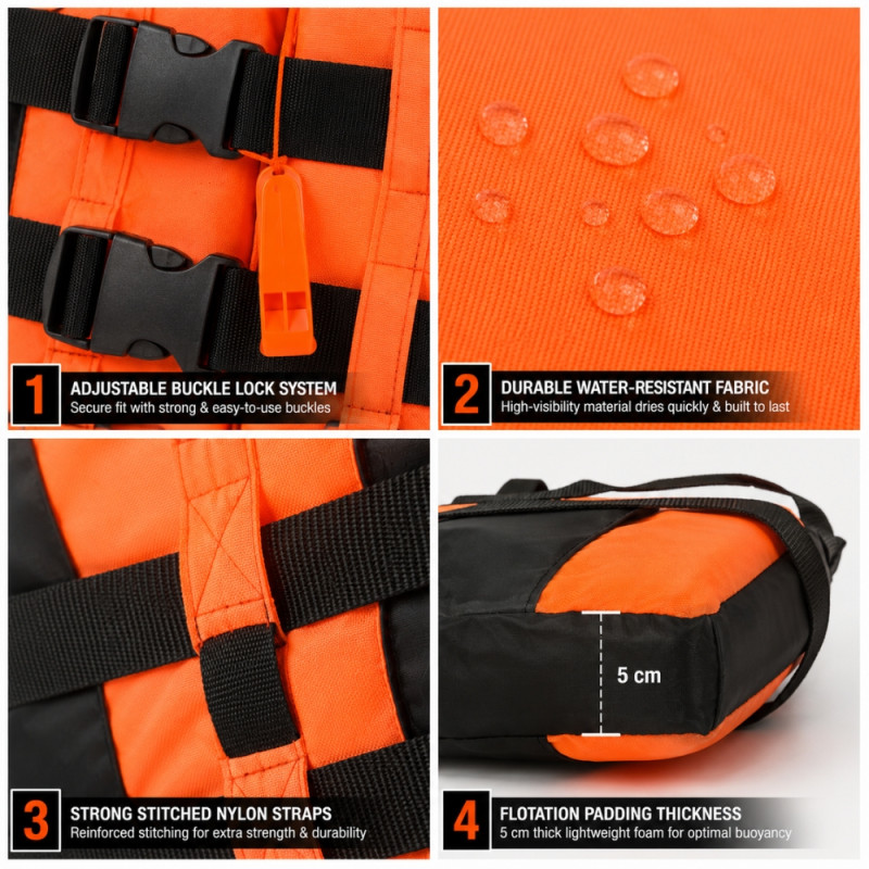 Bold High-Visibility Orange Adult Safety Life Jacket with Adjustable Buckles – Orange & Black (58 x 48cm)