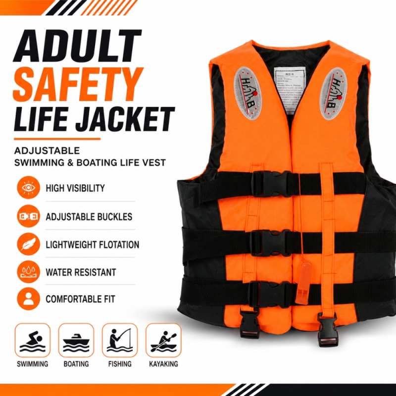 Reliable Vibrant Orange Adult Life Jacket with Adjustable Buckles and Reflective Details – Orange & Black (50 x 40cm)