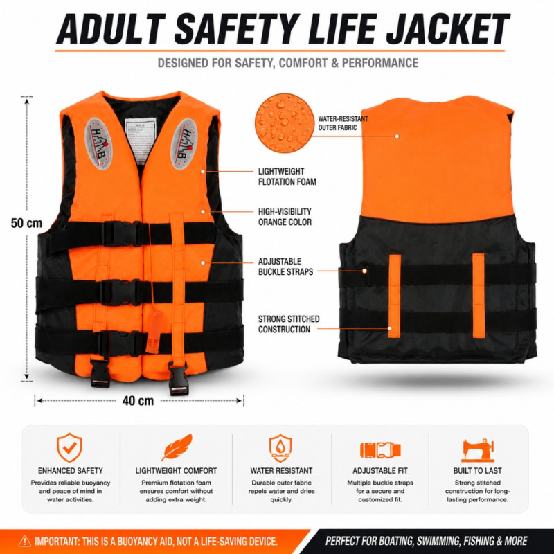 Reliable Vibrant Orange Adult Life Jacket with Adjustable Buckles and Reflective Details – Orange & Black (50 x 40cm)