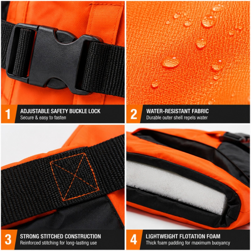 Reliable Vibrant Orange Adult Life Jacket with Adjustable Buckles and Reflective Details – Orange & Black (50 x 40cm)