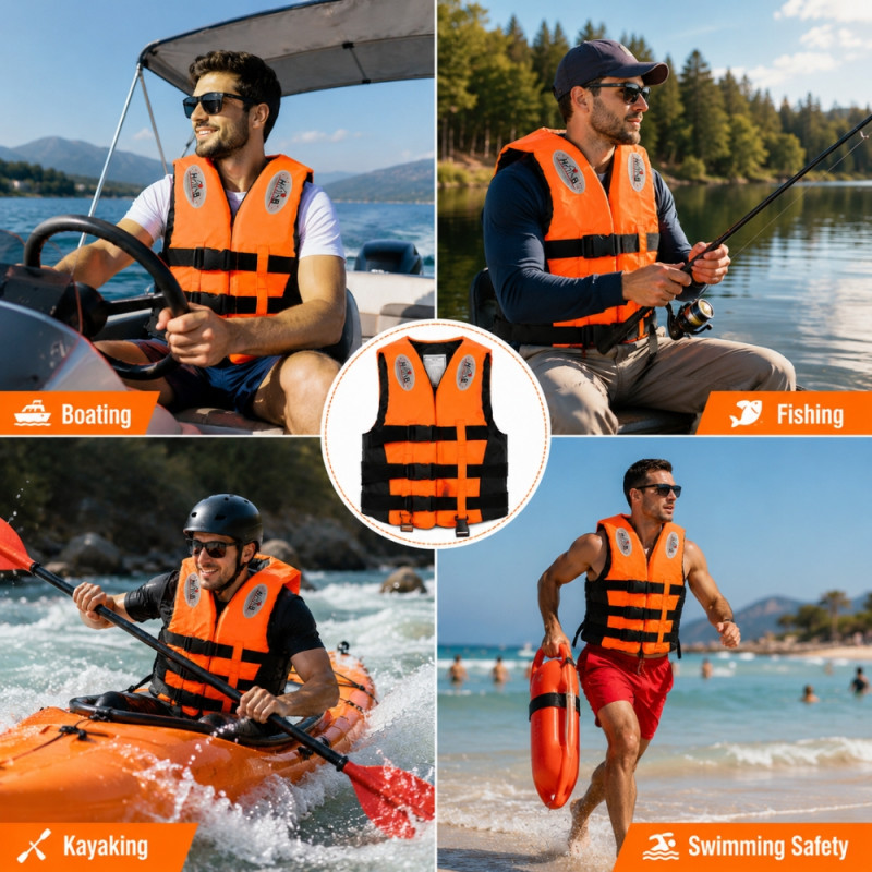 Reliable Vibrant Orange Adult Life Jacket with Adjustable Buckles and Reflective Details – Orange & Black (50 x 40cm)
