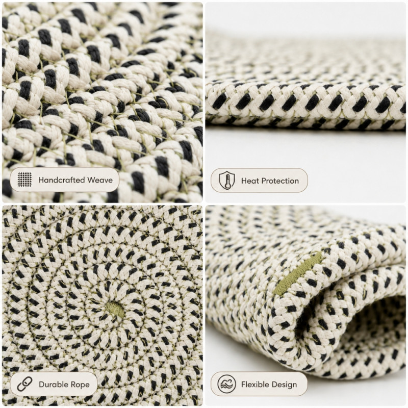 Bespoke durable, woven cotton rope mats designed for heat resistance and table protection – Black & White (29.5cm)