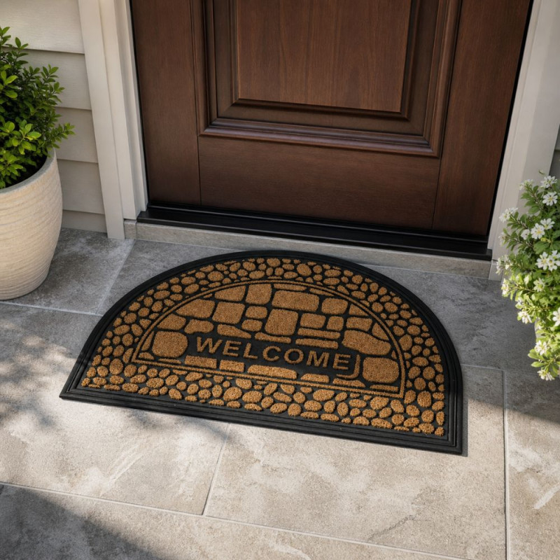 Professional Semicircular "Welcome" Entrance Doormat – Brown & Black Rubber/Coir (90cm)