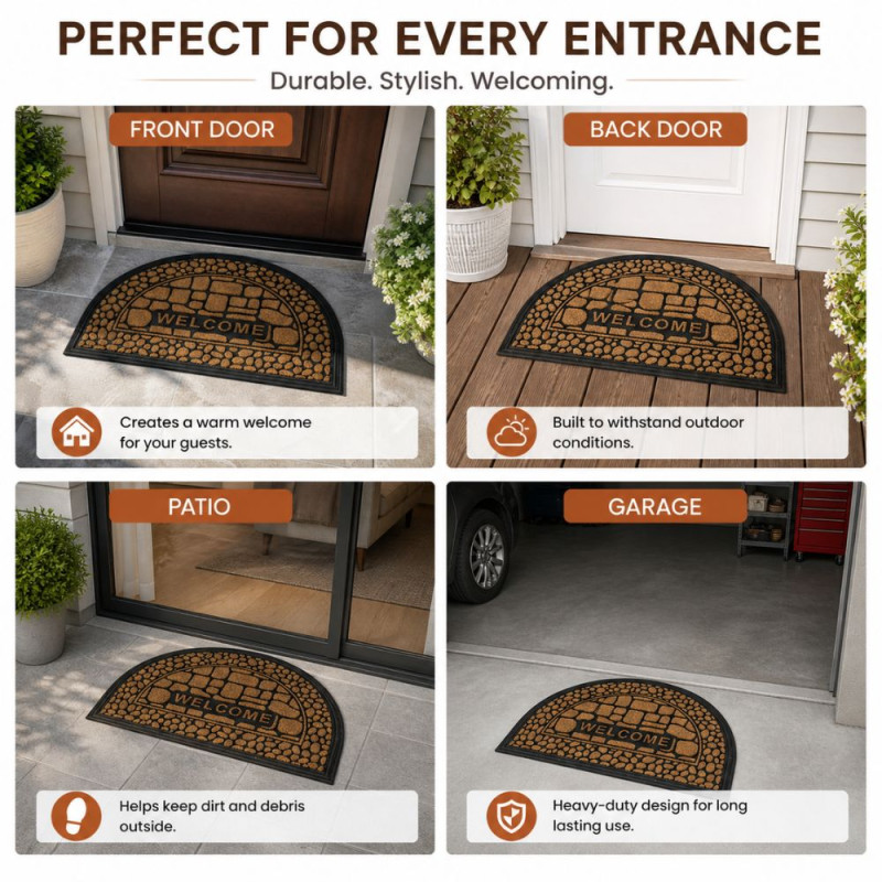 Professional Semicircular "Welcome" Entrance Doormat – Brown & Black Rubber/Coir (90cm)